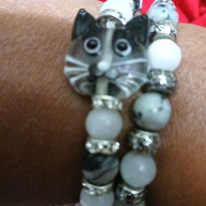 Hand crafted bracelet set with cat charm